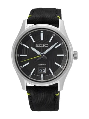 Zegarek kwarcowy z czarną tarczą i paskiem skórzanym Seiko