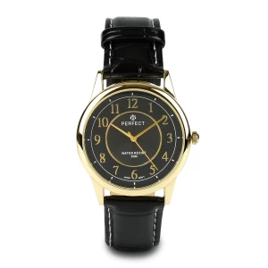 Zegarek męski kwarcowy czarno-złoty klasyczny skórzany pasek C402 czarny Merg