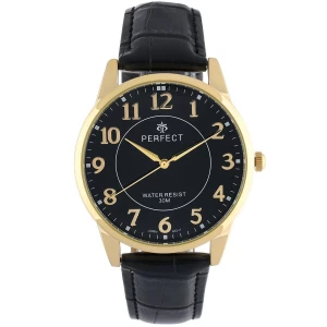 Zegarek męski kwarcowy czarno-złoty klasyczny skórzany pasek C426 czarny Merg