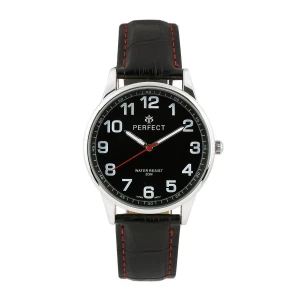 Zegarek męski kwarcowy czarny klasyczny skórzany pasek z czerwonym obszyciem C410 czarny Merg