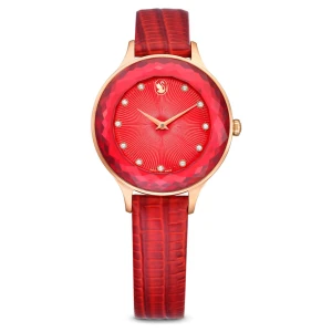 Zegarek Nova, Swiss Made, Skórzany pasek, Czerwony, Powłoka w odcieniu różowego złota Swarovski