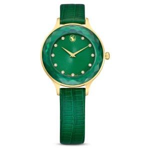 Zegarek Nova, Swiss Made, Skórzany pasek, Zielony, Powłoka w odcieniu złota Swarovski