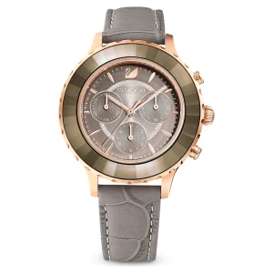 Zegarek Octea Lux Chrono, Swiss Made, Skórzany pasek, Szary, Powłoka w odcieniu różowego złota Swarovski