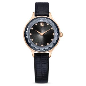Zegarek Octea Nova, Swiss Made, Skórzany pasek, Czarny, Powłoka w odcieniu różowego złota Swarovski
