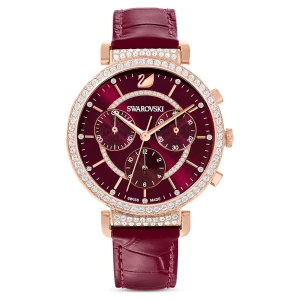Zegarek Passage Chrono, Swiss Made, Skórzany pasek, Czerwony, Powłoka w odcieniu różowego złota Swarovski