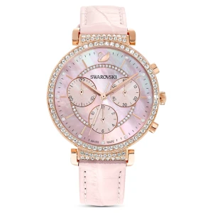 Zegarek Passage Chrono, Swiss Made, Skórzany pasek, Różowy, Powłoka w odcieniu różowego złota Swarovski