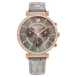 Zegarek Passage Chrono, Swiss Made, Skórzany pasek, Szary, Powłoka w odcieniu różowego złota Swarovski