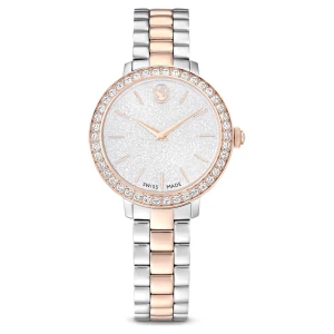 Zegarek, Swiss Made, Metalowa bransoleta, W odcieniu srebra, Powłoka w odcieniu różowego złota Swarovski