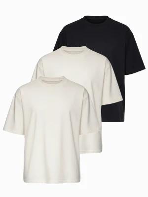 Zestaw bawełnianych koszulek męskich loose fit z okrągłym dekoltem - biała / biała / czarna V2 - Rozmiar: XXL Ombre Clothing