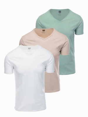 Zdjęcie produktu Zestaw bawełnianych koszulek męskich V-neck BASIC – szarozielony/biały/beżowy V14 Ombre Clothing