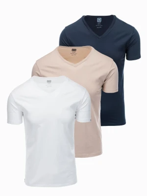 Zestaw bawełnianych męskich koszulek V-neck BASIC – biały/piaskowy/granatowy V12 - Rozmiar: XXL Ombre Clothing