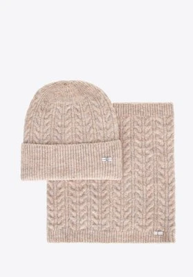 Zestaw damski zimowy – czapka i komin w splot warkoczowy beżowy Wittchen