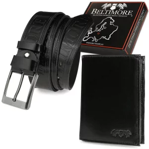 Zestaw męski skórzany premium Beltimore portfel pasek czarny r.90-105 cm Merg