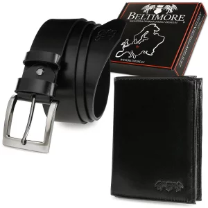 Zestaw męski skórzany premium Beltimore portfel pasek czarny r.90-105 cm Merg