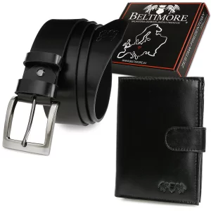 Zestaw męski skórzany premium Beltimore portfel pasek klasyczny czarny r.90-105 cm Merg