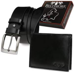 Zestaw męski skórzany premium Beltimore portfel pasek klasyczny U32 czarny r.90-105 cm Merg