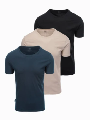 Zdjęcie produktu Zestaw męskich bawełnianych koszulek BASIC z okrągłym dekoltem – czarny/granatowy/piaskowy V7 - Rozmiar: XL Ombre Clothing