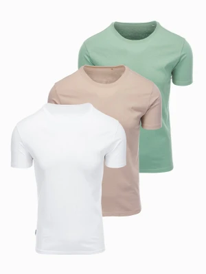 Zestaw męskich koszulek bawełnianych BASIC z okrągłym dekoltem – szarozielony/biały/beżowy V14 - Rozmiar: M Ombre Clothing