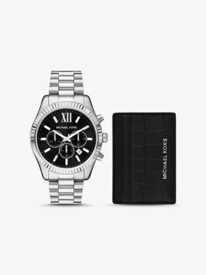 Zestaw upominkowy z zegarkiem Lexington w odcieniach srebra z dużą kopertą i etui na karty ze skóry z fakturą łuski krokodyla Michael Kors SREBRNY (Srebrny)