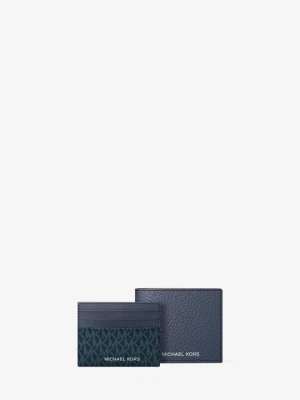 Zestaw upominkowy ze składanym portfelem ze skóry groszkowej i etui na karty z charakterystycznym logo Michael Kors GRANATOWY (Niebieski)