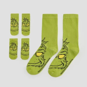 Zestaw zielonych skarpet dla zwierzaka i właściciela z motywem Grinch House