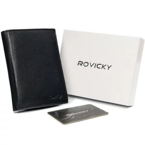 Zgrabny portfel męski ze skóry naturalnej, czarny, ochrona RFID — Rovicky Merg