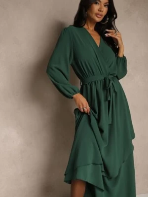 Zielona Asymetryczna Koktajlowa Sukienka z Wiskozą Kopertowym Dekoltem i Paskiem Laniea christy