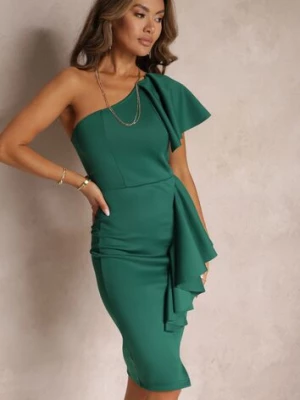 Zielona Asymetryczna Sukienka Bodycon z Falbanami na Jedno Ramię Imelia messaya