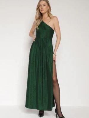 Zielona Asymetryczna Sukienka Maxi z Rozkloszowanym Dołem i Wycięciem z Brokatem Acaisa by swan
