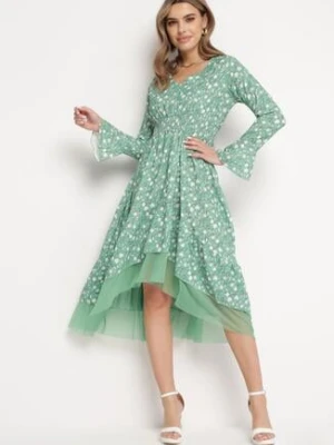 Zielona Asymetryczna Sukienka Midi Rozkloszowana z Siateczką Tivora ann gissy