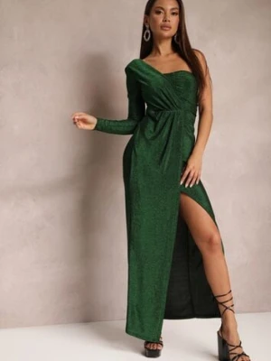 Zielona Asymetryczna Sukienka z Metalicznym Wykończeniem Rozcięciem i Drapowaniem Abevinna by swan