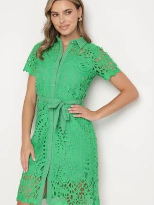 Zielona Ażurowa Sukienka Koszulowa Midi z Wiązanym Paskiem Pamy elsa.m by may