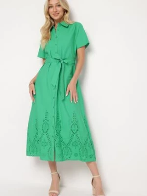 Zielona Ażurowa Sukienka z Bawełny Zapinana na Guziki z Materiałowym Paskiem Dimosa