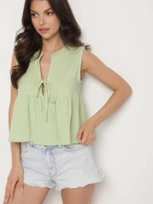Zielona Bawełniana Bluzka Top z Wiązaniem z Przodu i Lekką Falbanką Furena