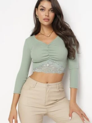 Zielona Bawełniana Bluzka z Koronkową Wstawką i Marszczeniem Keiry las garras