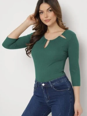 Zielona Bawełniana Bluzka z Prążkowanej Dzianiny z Rękawami 3/4 i Wycięciem przy Dekolcie Xireal las garras