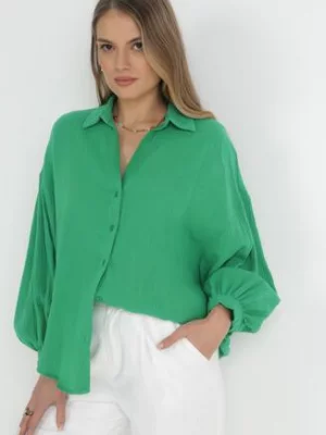 Zielona Bawełniana Koszula Oversize z Szerokimi Rękawami Melillia