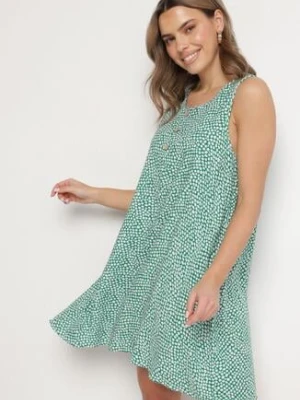 Zielona Bawełniana Rozkloszowana Sukienka Ozdobiona Kwiatami i Guzikami Lisavella defox