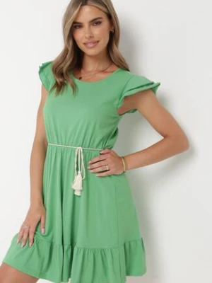 Zielona Bawełniana Rozkloszowana Sukienka z Gumką w Pasie i Falbankami Ashvi
