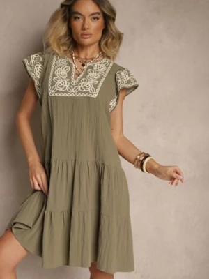 Zielona Bawełniana Sukienka Boho Ozdobiona Haftami Eviriella rosa