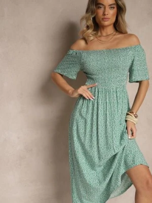 Zielona Bawełniana Sukienka Hiszpanka o Rozkloszowanym Kroju w Kwiaty Sadique defox