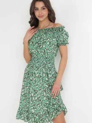 Zielona Bawełniana Sukienka Hiszpanka w Kwiaty z Marszczoną Gumką w Talii Rosaliya defox