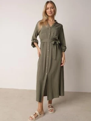 Zielona Bawełniana Sukienka Koszulowa w Stylu Safari z Wiązanym Paskiem Atusea m&d fashion