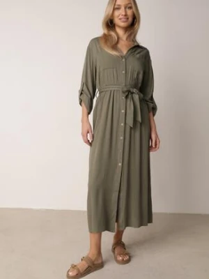 Zielona Bawełniana Sukienka Koszulowa z Paskiem i Regulowanymi Rękawami Sadevia j&x