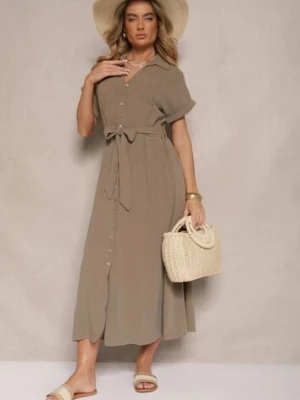 Zielona Bawełniana Sukienka Koszulowa z Wiązanym Paskiem i Krótkim Rękawem Elannoria m&d fashion