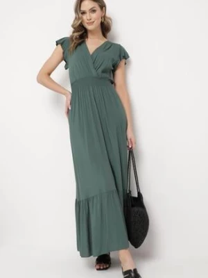 Zielona Bawełniana Sukienka Maxi z Falbankami i Gumką w Pasie Perinthe