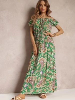 Zielona Bawełniana Sukienka Maxi z Hiszpańskim Dekoltem i Cienkimi Gumkami w Talii Alarina generation