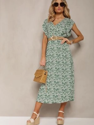 Zielona Bawełniana Sukienka na Lato z Elastyczną Gumką w Pasie i Falbankami Przy Ramionach Jovenia defox