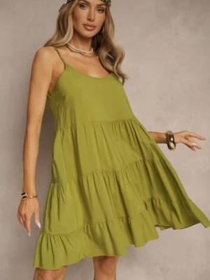 Zielona Bawełniana Sukienka na Ramiączkach Ozdobiona Falbanami Lilitte defox