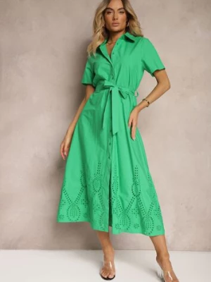 Zielona Bawełniana Sukienka o Ażurowym Wykończeniu z Paskiem w Talii Zapinana na Guziki Dimosha bisou's project